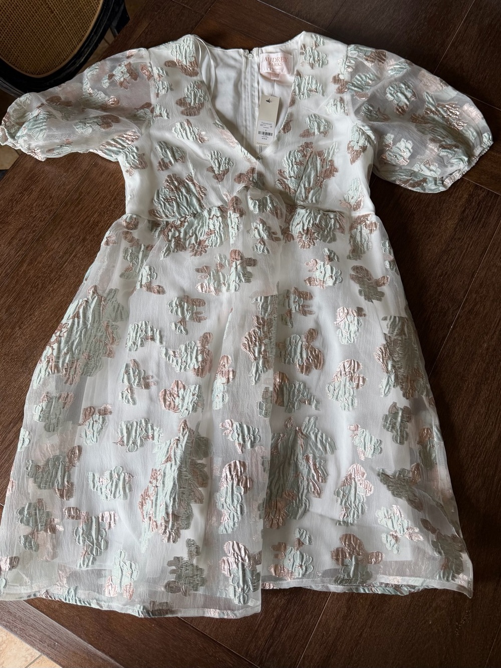 Audrey Parks Textured Floral Mini Dress in White with Gold & Silver Accents